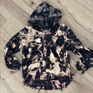 Original Use Blue and Beige Bleached Plaid Button-Down flannel Hoodie